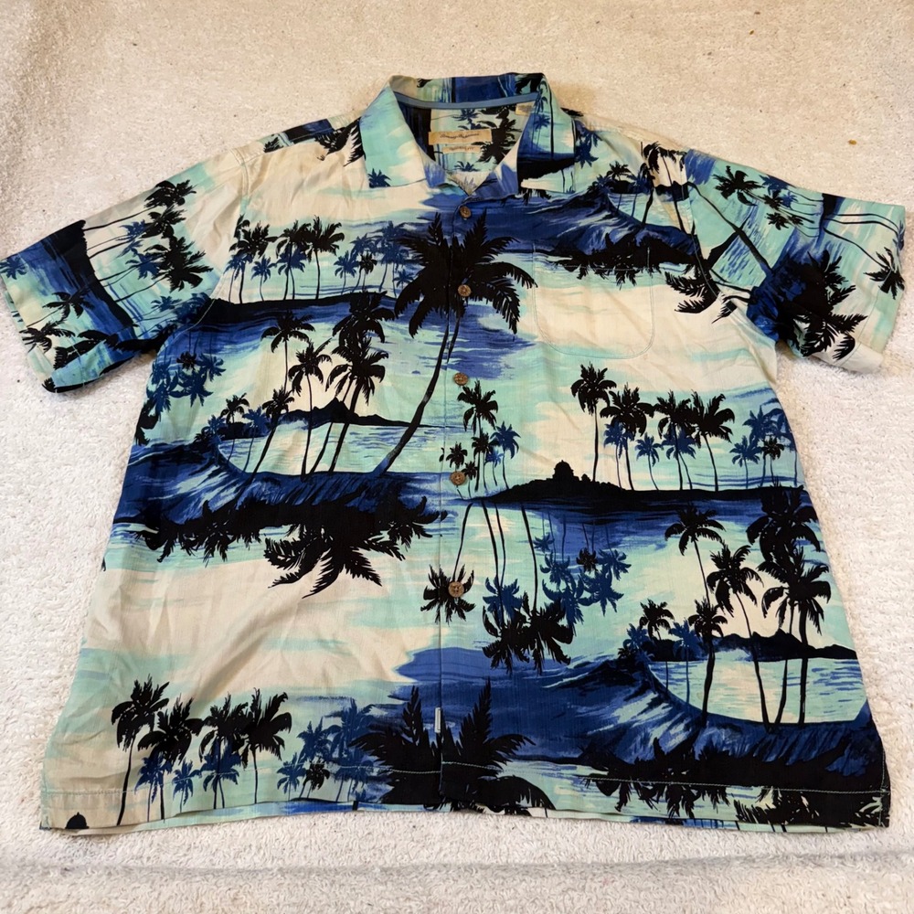 Tommy Bahama Mens XL 100% Silk Tropical Palm Tree Camp Shirt Blue Original Fit